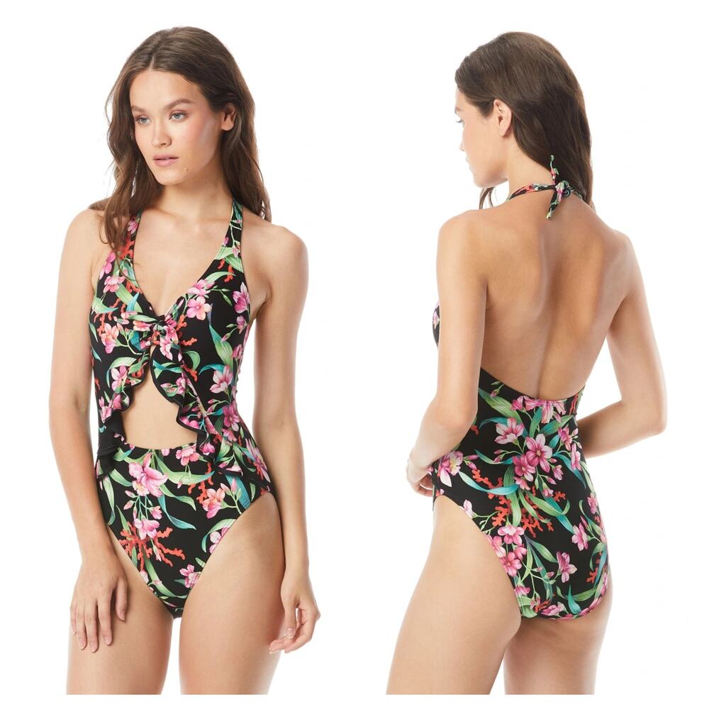 Carmen Marc Valvo Black Floral One Piece Swimsuit